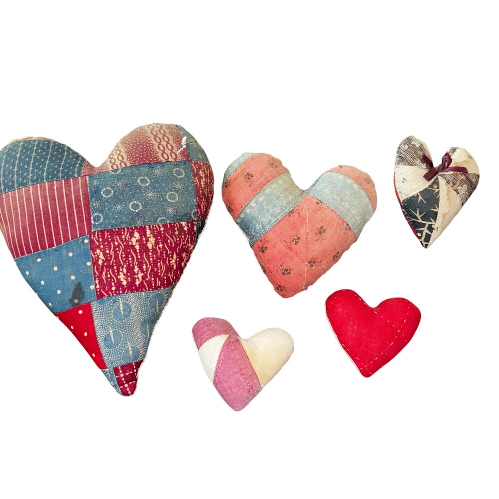 Set of Five Handmade Primitive Hearts From Quilts Country Farmhouse Decor